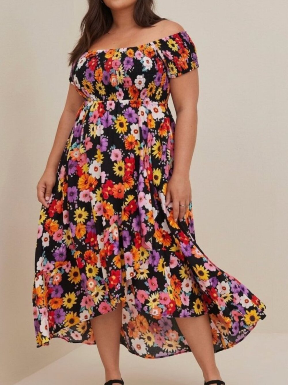 TORRID 1 Plus Size Off Shoulder Tulip Maxi Dress Challis Floral Black Multi Midi